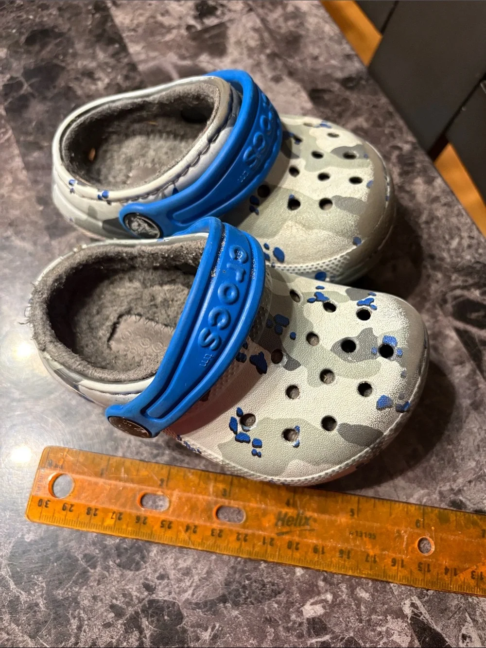 CROCS Kids Gray Camo Clogs with Blue Strap Accents